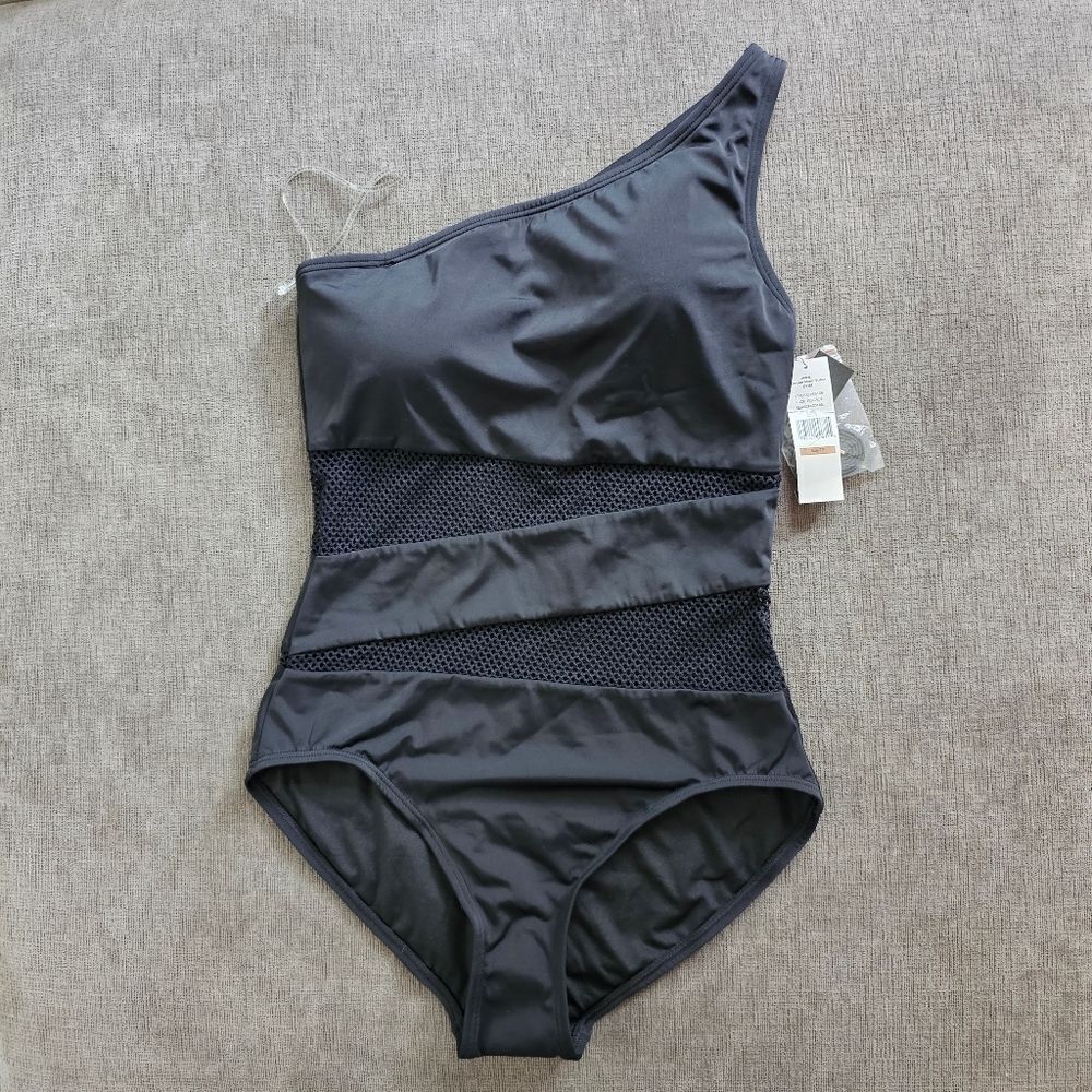 Carmen Marc Valvo black one shoulder mesh Panel One Piece Swimsuit sz 14